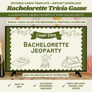 Bachelorette Jeoparty Camp Bachelorette Party Game Camp Theme Bridal Shower Games Editable Canva Template Fun Hen Party Game Bride To Be