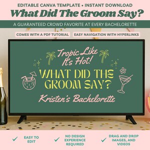 What Did The Groom Say Tropical Summer Bachelorette Game Hen Party Drinking Game Editable Canva Template DIY Beach Bachelorette Trivia Games
