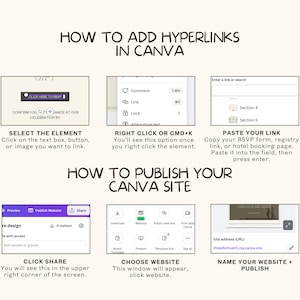 K&ouml;nnte beinhalten: Eine beige Grafik mit Anweisungen zum Hinzuf&uuml;gen von Hyperlinks und zum Ver&ouml;ffentlichen einer Website in Canva. Der Text enth&auml;lt Schritte wie das Ausw&auml;hlen von Elementen, Rechtsklick, Einf&uuml;gen von Links und Teilen. Das Bild hat ein sauberes, modernes Design.