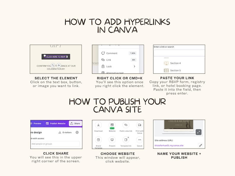 K&ouml;nnte beinhalten: Eine beige Grafik mit Anweisungen zum Hinzuf&uuml;gen von Hyperlinks und zum Ver&ouml;ffentlichen einer Website in Canva. Der Text enth&auml;lt Schritte wie das Ausw&auml;hlen von Elementen, Rechtsklick, Einf&uuml;gen von Links und Teilen. Das Bild hat ein sauberes, modernes Design.