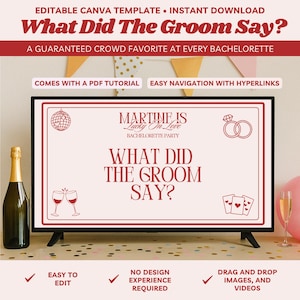 Puede incluir: Una pantalla de televisión muestra una plantilla de juego para una despedida de soltera. El texto "What Did The Groom Say?" es prominente. La pantalla también presenta el texto "Martine is Lucky in Love" y varios iconos. Se ven una botella y una copa de champán.