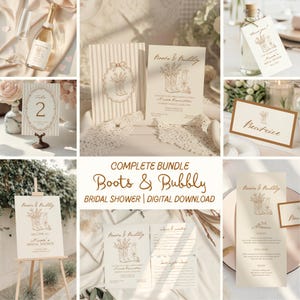 Puede incluir: Un paquete de descarga digital para despedida de soltera Boots & Bubbly con papelería color crema y dibujos lineales marrones de botas vaqueras y copas de champán. Incluye invitaciones, números de mesa, menús, etiquetas y tarjetas de consejos.