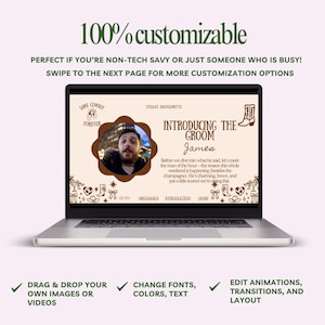 Puede incluir: Un port&aacute;til muestra una p&aacute;gina web personalizable con el texto &laquo;Introducing the Groom James&raquo;. La pantalla muestra una foto de un hombre y ofrece opciones para arrastrar y soltar im&aacute;genes, cambiar fuentes y colores, y editar animaciones.