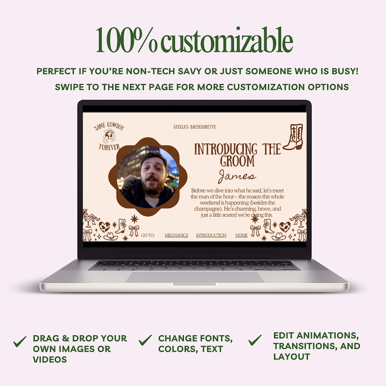 Puede incluir: Un port&aacute;til muestra una p&aacute;gina web personalizable con el texto &laquo;Introducing the Groom James&raquo;. La pantalla muestra una foto de un hombre y ofrece opciones para arrastrar y soltar im&aacute;genes, cambiar fuentes y colores, y editar animaciones.