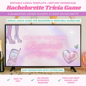 Y2k Bachelorette Jeoparty Game Early 2000s Bachelorette Party Canva Editable Game Y2K Party Hen Drinking Games Bridal Trivia Bach To The Y2K