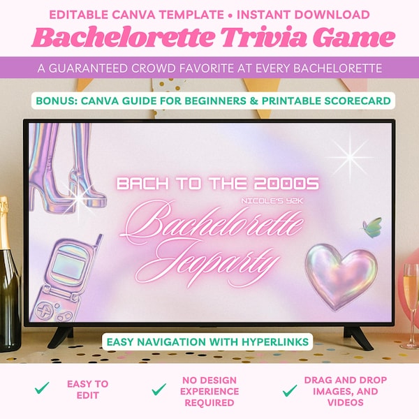 Y2k Bachelorette Jeoparty Game Early 2000s Bachelorette Party Canva Editable Game Y2K Party Hen Drinking Games Bridal Trivia Bach To The Y2K