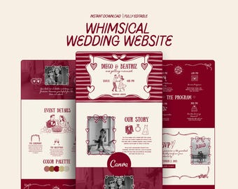 Romantische Hochzeitswebsite Burgunder-Rot Wunderliche Hochzeitswebsite Canva Retro Hochzeitswebsite Wein Antwortwebsite handgezeichnet schrullig Save The Date Invite