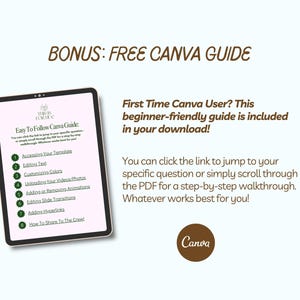 May include: A digital tablet displays a guide titled "Easy To Follow Canva Guide." The guide includes topics like editing text and customizing colors. Text at the top reads "BONUS: FREE CANVA GUIDE." A brown Canva logo is at the bottom.