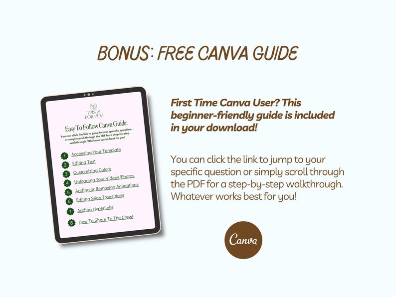 May include: A digital tablet displays a guide titled "Easy To Follow Canva Guide." The guide includes topics like editing text and customizing colors. Text at the top reads "BONUS: FREE CANVA GUIDE." A brown Canva logo is at the bottom.