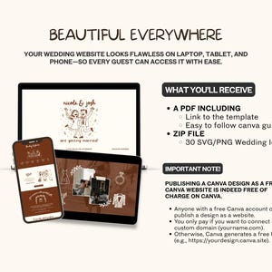 K&ouml;nnte beinhalten: Ein digitales Hochzeitswebsite-Design, das auf einem Laptop, Tablet und Telefon angezeigt wird. Das Design hat ein braunes und wei&szlig;es Farbschema mit dem Text "BEAUTIFUL EVERYWHERE" und "nicole & josh are getting married". Enth&auml;lt eine PDF-Datei, ZIP-Datei mit Symbolen.