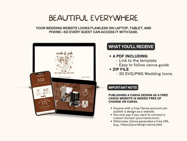 K&ouml;nnte beinhalten: Ein digitales Hochzeitswebsite-Design, das auf einem Laptop, Tablet und Telefon angezeigt wird. Das Design hat ein braunes und wei&szlig;es Farbschema mit dem Text "BEAUTIFUL EVERYWHERE" und "nicole & josh are getting married". Enth&auml;lt eine PDF-Datei, ZIP-Datei mit Symbolen.