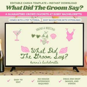 Bikinis and Martinis What Did The Groom Say Beach Bachelorette Party Games Martini Bachelorette Editable Canva Template Fun Hen Party Games