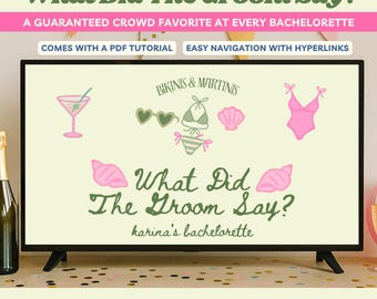 Bikinis y Martinis ¿Qué dijo el novio? Juegos para despedidas de soltera en la playa Plantilla editable de Canva para despedidas de soltera con Martini Juegos divertidos para despedidas de soltera