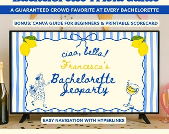 Bachelorette Jeoparty Ciao Bella Handdrawn Canva Editable Template Bach Trivia Games Fun Italian Summer Bridal Shower Trivia Game