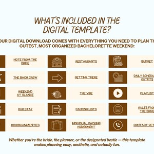 May include: Digital template for a bachelorette weekend, featuring a list of included items. The design is in shades of brown and white, with text such as "Note from the Bride," "Restaurants," and "Budget." The template is designed to help plan a fun and organized weekend.