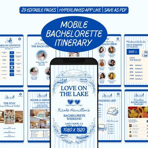 May include: A mobile bachelorette itinerary template with a blue and white design. The digital planner includes pages for the table of contents, bach crew, weekend details, rooms and amenities, packing list, and playlist. The phone screen displays "Love on the Lake."