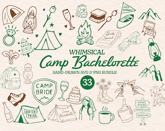 Camp Bachelorette Clipart Bundle, Boho Camping SVG Illustration, Whimsical Handdrawn Bachelorette PNG Bundle for Bachelorette Favors