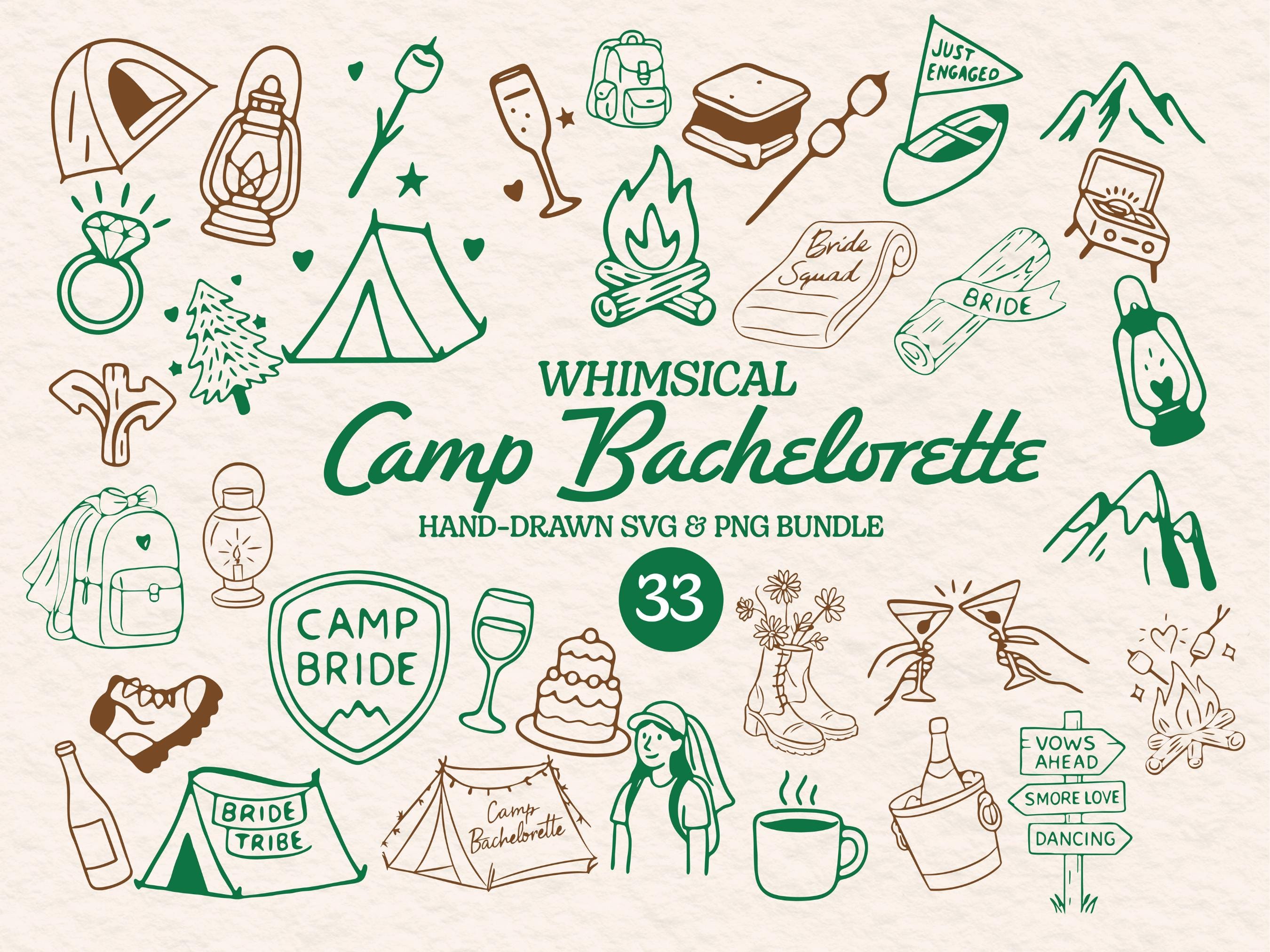 Camp Bachelorette Clipart Bundle, Boho Camping SVG Illustration, Whimsical Handdrawn Bachelorette PNG Bundle for Bachelorette Favors