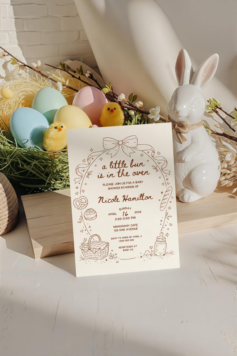 Redigerbar inbjudan till babyshowerfesten "Bullen är i ugnen", Canva-inbjudan med nyckfull handritad kokettrosé, könsneutral babyströssel bild 5