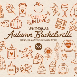 Peut inclure: Ensemble d'illustrations dessinées à la main sur le thème de l'automne, avec une citrouille, des verres à vin, des pulls et des feuilles dans des tons bruns. Le texte comprend "Falling in Love" et "Autumn Bachelorette". C'est un lot SVG et PNG.