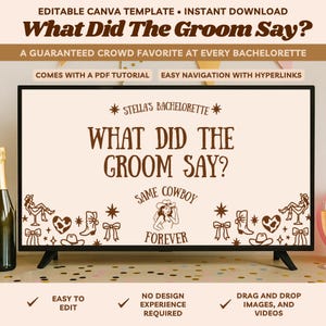 May include: A digital template for a bachelorette party game, displayed on a TV screen. The text reads "What Did The Groom Say?" with a "Same Cowboy Forever" theme. The design includes cowboy-themed graphics and is easy to edit.
