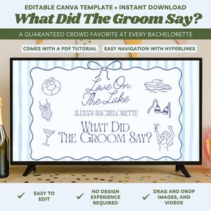 What Did The Groom Say Love On The Lake Bachelorette Canva Editable Game Template Hen Party Drinking Games Fun Bridal Shower Trivia Games
