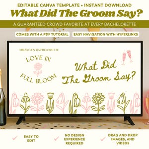 What Did The Groom Say Love In Full Bloom Bachelorette Game Hen Party Drinking Game Editable Canva Template Floral Bachelorette Trivia Games