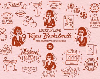 Vegas Bachelorette Clipart-paket Lucky In Love Bachelorette Svg Spelkort Illustration Handritad Casino Bachelorette Png Festgåvor