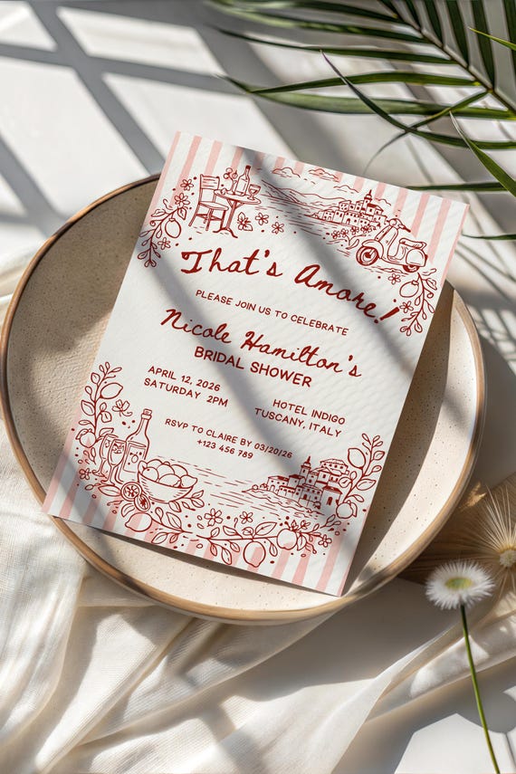 That's Amore Bridal Shower Invitation Template Handdrawn, Canva Editable Italian Summer Themed Brunch Party Invite, Ciao Bella, Red Stripes