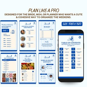 May include: A digital bachelorette party planner app with a blue and white theme. The app's interface displays various sections, including a day-by-day itinerary, budget, and packing assignments. The text reads "Plan Like a Pro."