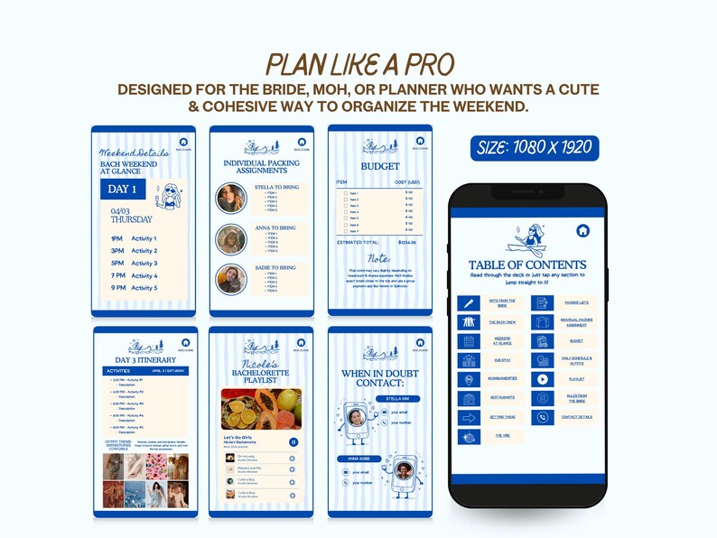 May include: A digital bachelorette party planner app with a blue and white theme. The app's interface displays various sections, including a day-by-day itinerary, budget, and packing assignments. The text reads "Plan Like a Pro."