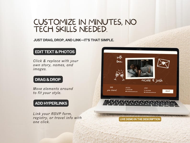K&ouml;nnte beinhalten: Ein Laptop zeigt eine Hochzeitseinladungsvorlage mit braunem Hintergrund, einem Foto und den Namen "nicole & josh". Der Text auf dem Bildschirm lautet "In wenigen Minuten anpassen, keine technischen Kenntnisse erforderlich" und "Text & Fotos bearbeiten."