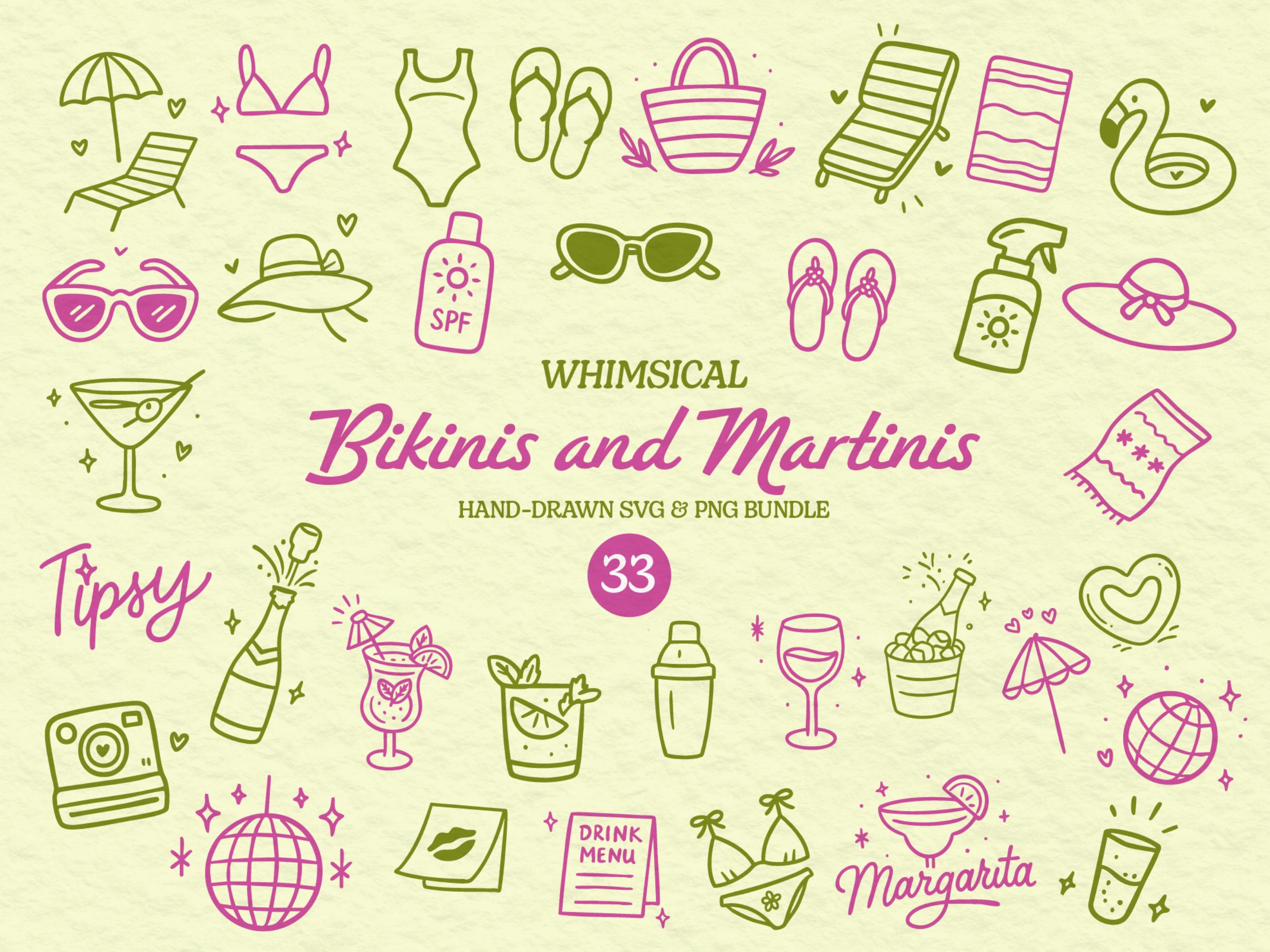 Martini Bachelorette Clipart Bundle, Cocktail SVG Illustration, Whimsical Handdrawn Bachelorette PNG Bundle for Bikinis and Martinis Bach
