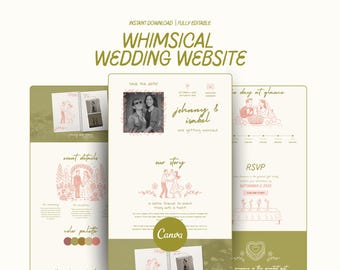 Pink & Green Whimsical Wedding Website Floral Vintage Wedding Website Canva Romantic Wedding Website RSVP Hand Drawn Quirky Save The Date