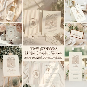 Peut inclure: Un ensemble complet pour une fête prénuptiale sur le thème littéraire. Comprend des invitations, des numéros de table, des cartons de placement, une pancarte de bienvenue et des cartes de remerciement. Le design présente une illustration de livre et de nœud.