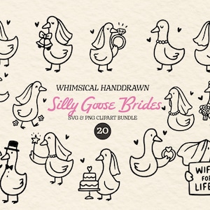 May include: A collection of whimsical, hand-drawn illustrations of geese, each in a unique bridal or wedding-related pose. The phrase "Silly Goose Brides" is displayed in pink text, along with "SVG & PNG Clipart Bundle" and the number "20".