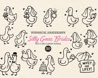 Silly Goose Bride Clipart Bundle, Getting Married Goose SVG, Whimsical Handdrawn Silly Goose Bride PNG Bundle for Bride To Be Goose Shirts