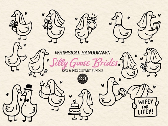 Silly Goose Bride Clipart Bundle, Getting Married Goose SVG, Whimsical Handdrawn Silly Goose Bride PNG Bundle for Bride To Be Goose Shirts