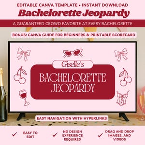 Bachelorette Jeopardy Game Template Canva Bearbeitbare Hen Party Trinkspiele Spaß Brautparty Coquette Jeopardy Powerpoint Bach Trivia Game
