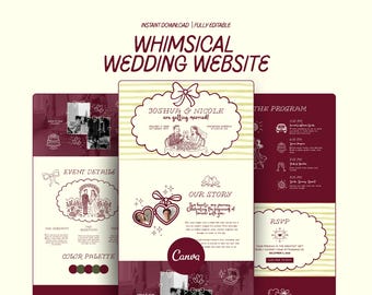 Burgundy Whimsical Wedding Website Green Wedding Website Canva Template Burgundy Olive Wedding Invite Hand Drawn Online RSVP Save The Date