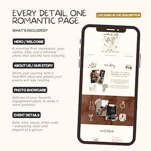 K&ouml;nnte beinhalten: Ein Smartphone zeigt das Design einer Hochzeitswebsite. Der Bildschirm zeigt die Namen eines Paares, Fotos und Veranstaltungsdetails. Der Text auf dem Bildschirm enth&auml;lt "Hero/Welcome", "About Us/Our Story" und "Photo Showcase". Das Design ist in Braun- und Wei&szlig;t&ouml;nen gehalten.