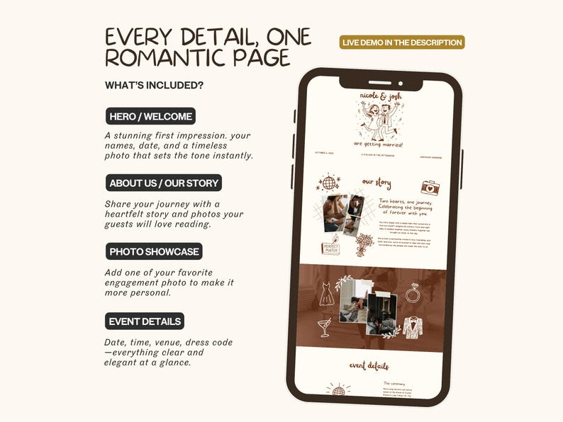 K&ouml;nnte beinhalten: Ein Smartphone zeigt das Design einer Hochzeitswebsite. Der Bildschirm zeigt die Namen eines Paares, Fotos und Veranstaltungsdetails. Der Text auf dem Bildschirm enth&auml;lt "Hero/Welcome", "About Us/Our Story" und "Photo Showcase". Das Design ist in Braun- und Wei&szlig;t&ouml;nen gehalten.