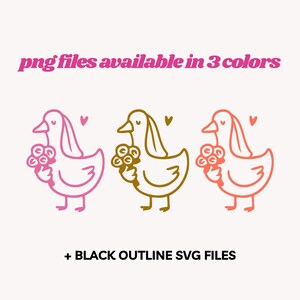 May include: Three cartoon duck illustrations in pink, gold, and coral, each holding flowers and accompanied by a heart. Text above reads "png files available in 3 colors". Below, text states "+ BLACK OUTLINE SVG FILES".