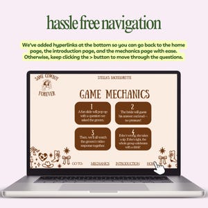 Puede incluir: Una computadora port&aacute;til muestra un juego de despedida de soltera con el texto "Game Mechanics". La pantalla muestra cuatro pasos, incluyendo una pregunta para el novio. El texto "Same Cowboy Forever" tambi&eacute;n es visible.