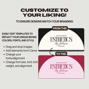 Pode incluir: Uma imagem de antes e depois mostrando como personalizar um design de logotipo. O logotipo original &eacute; preto e branco com um fundo branco. O logotipo personalizado &eacute; rosa e branco com um fundo bord&ocirc;. O texto em ambos os logotipos diz "ESTHETICS By Juliana".