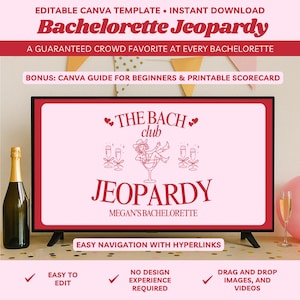 Plantilla de juego editable en Canva para despedidas de soltera, Jeopardy, Bach Club, juegos de beber para despedidas de soltera, Jeopardy de vaquera, juego de trivia para bodas