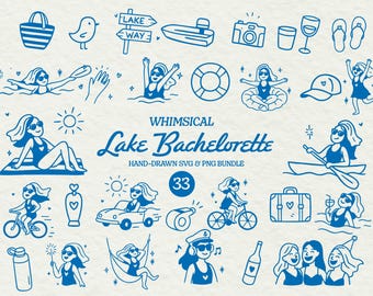 Lake Bachelorette Clipart Bundle, Rustic Lake Life SVG Illustration, Whimsical Handdrawn Bachelorette PNG Bundle for Bachelorette Favors