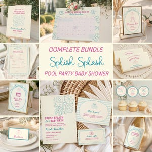 Può includere: Una collezione di decorazioni per baby shower a tema festa in piscina. Il set include cartelli, inviti, decorazioni per cupcake e un'etichetta per bottiglia di champagne. Lo schema dei colori è azzurro, rosa e bianco, con il testo "Splish Splash" e "Baby Shower".