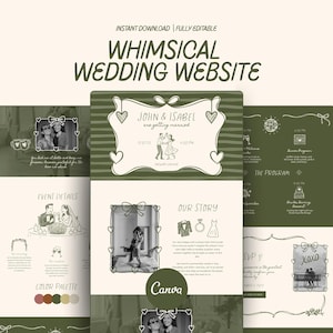 Puede incluir: Una plantilla de sitio web de boda caprichosa con una combinación de colores verde y crema. El diseño incluye elementos ilustrados, fotos y texto, con las palabras "WHIMSICAL WEDDING WEBSITE" en la parte superior. La plantilla es totalmente editable y de descarga instantánea.