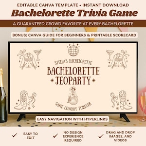 Ultimo Rodeo Texas Bachelorette Jeoparty Canva Modello di gioco modificabile Giochi da bere per addio al nubilato Giochi a quiz per addio al nubilato Lo stesso cowboy per sempre